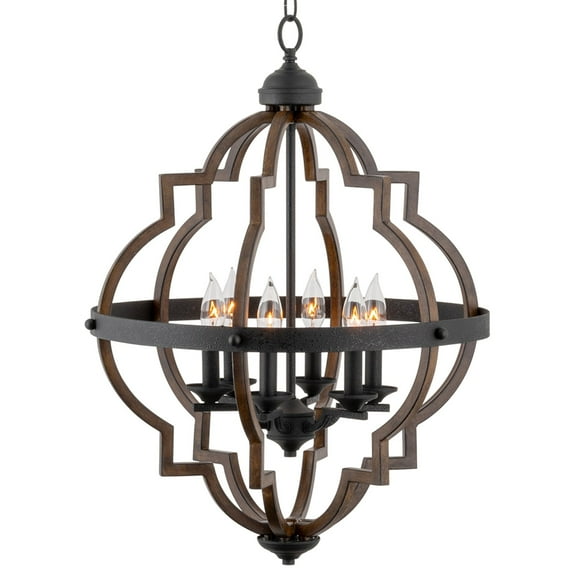Kira Home Capistrano 28" 6-Light Rustic Farmhouse Chandelier, Wood Style Metal Frame, Textured Black Accents   Walnut