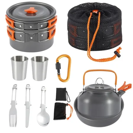 1set Portable Cutlery Lightweight Outdoor Cooking Equipment Non-Stick Pans Tea Kettle Cutlery Backpacking Gear Cooker BBQ Tools Campfire Camping Hiking Accessories For 2-3 People