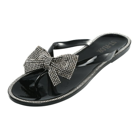 

Slip On Sandals For Women Clip Toe Fashion Summer Shiny With Diamond Bow Gold Shoe