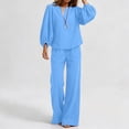 thumbnail image 4 of Womens Casual Two-Piece Outfit V-Neck Long Sleeve Top High Waist Straight Leg Pants with Pockets Cotton Linen Set Light Blue XL(XL), 4 of 6