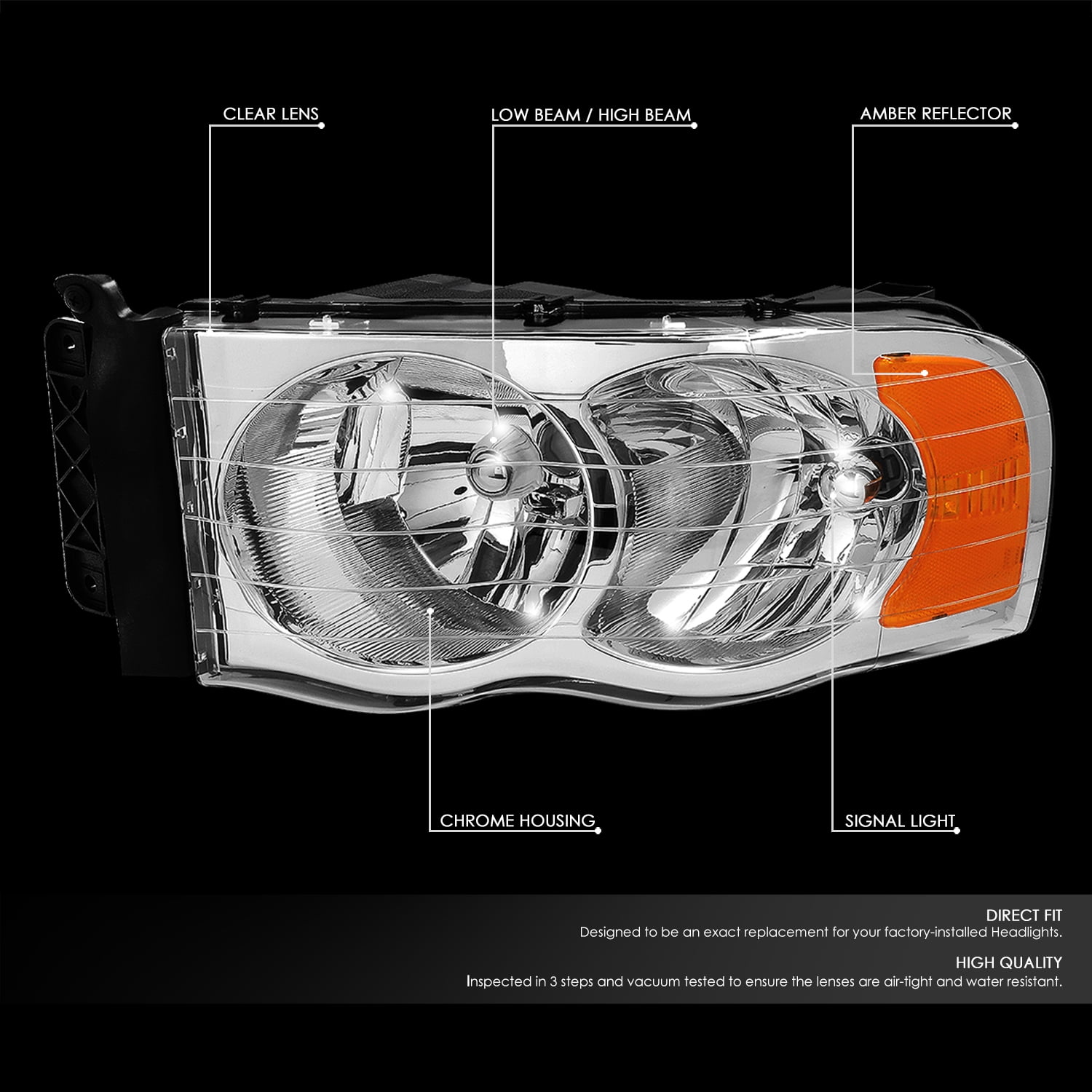 DNA Motoring For 02-05 Dodge Ram 1500 2500 3500 Chrome Amber Euro Crystal Headlight Pair