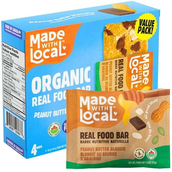 Made with Local Peanut Butter Blondie Organic Energy Bars (Organic, Gluten-Free, Non-GMO, 8g Protein, Simple Ingredients, Made in Canada), 4-Pack (212 g)