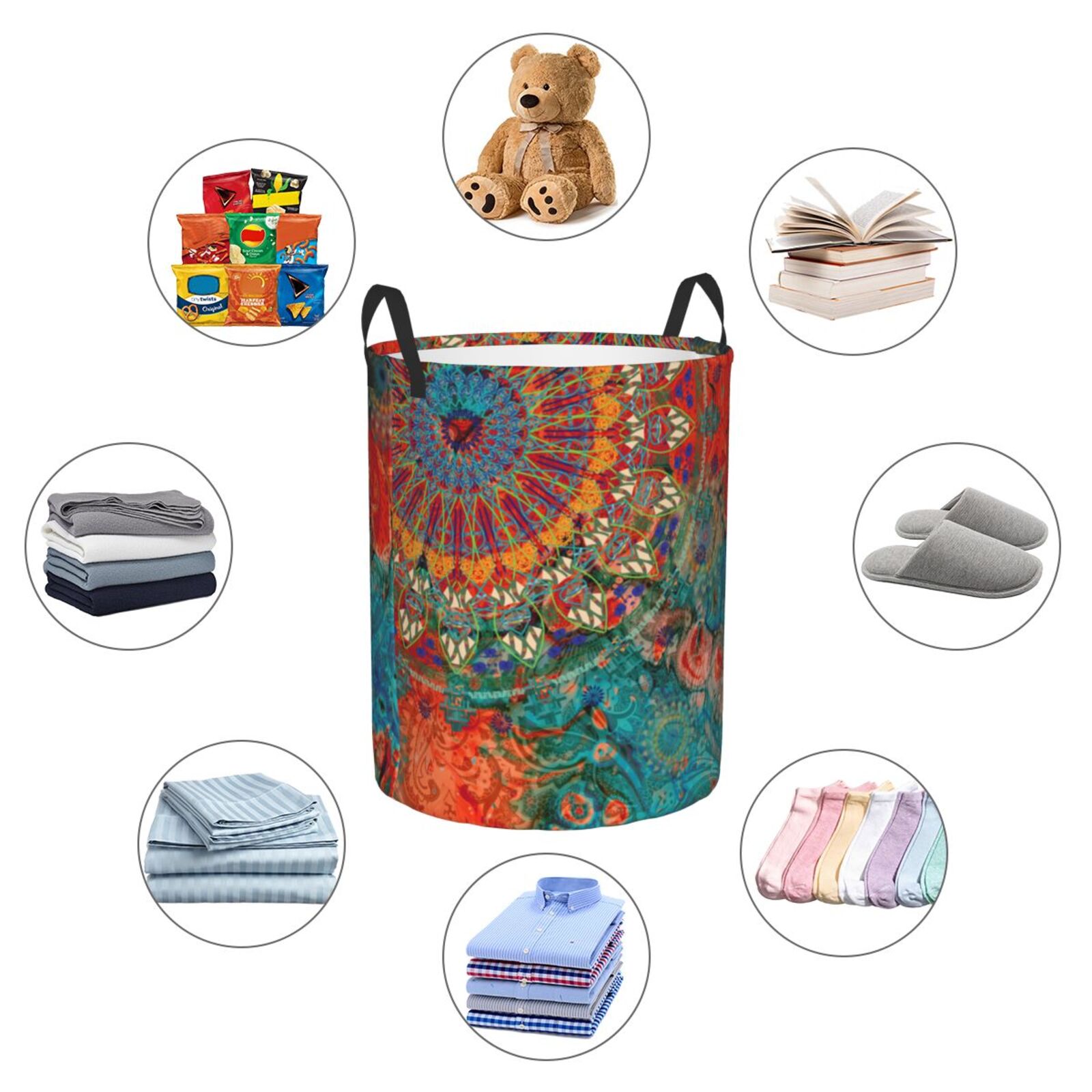 Large Laundry Basket with Handles - Mandala Colorful Kids Baby Dirty Clothes Laundry Hamper for Bedroom Aesthetic