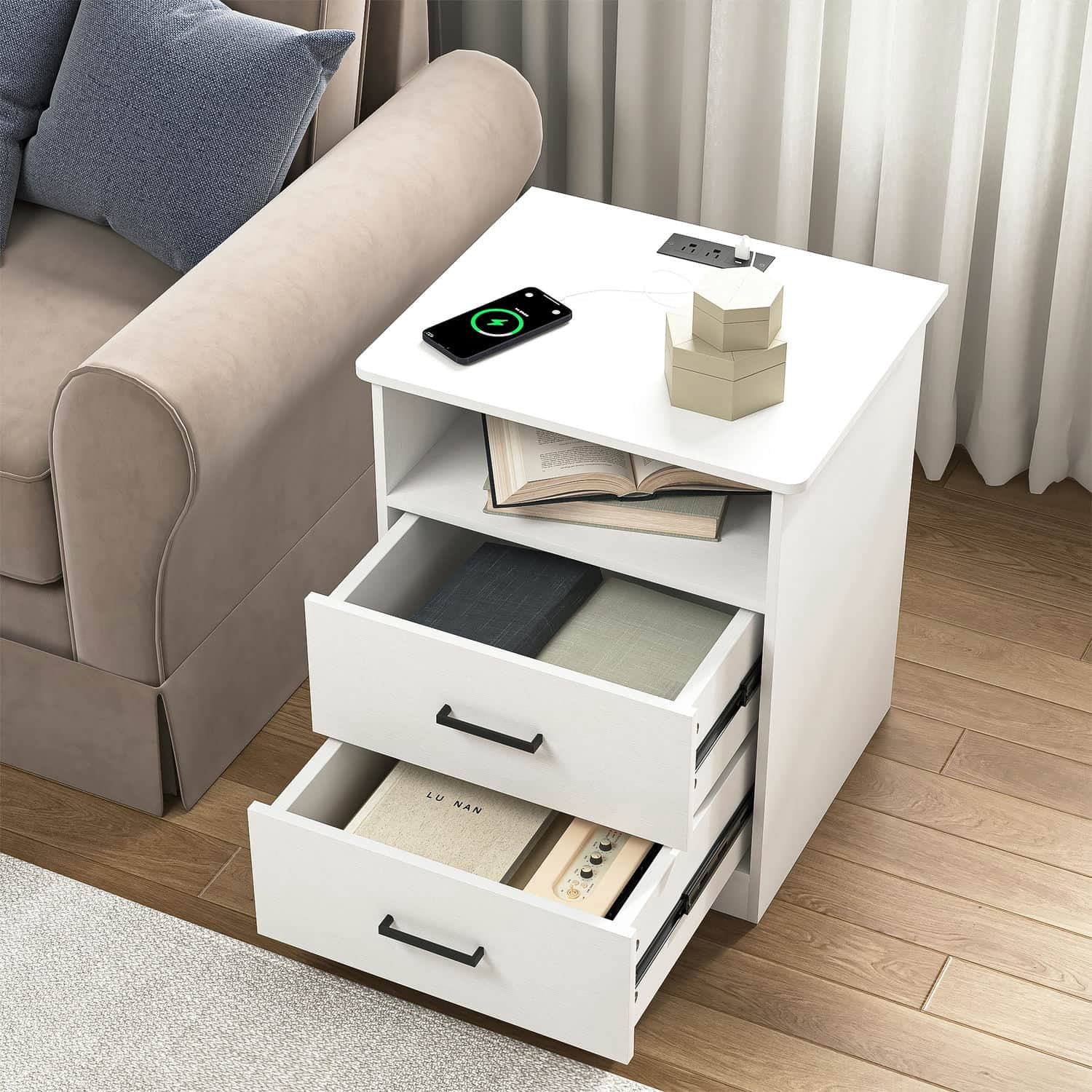 Spaco End Table with Charging Station, Nightstand with USB Ports & Outlets, Modern Bedside Table with 2 Storage Drawer and Top Shelf for Bedroom, White