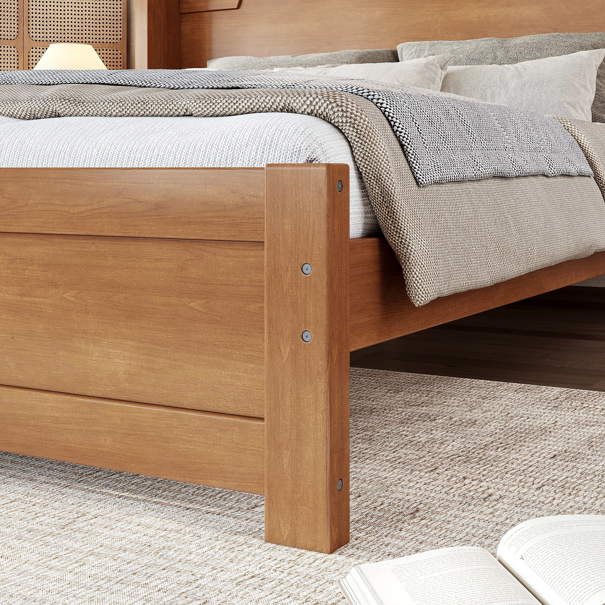 GARITIN Queen Solid Wood Platform Bed with Headboard, Natural Finish & Minimalist Design, Easy Assembly, No Box Spring Needed Traditional Wood Bed Frame, Natural