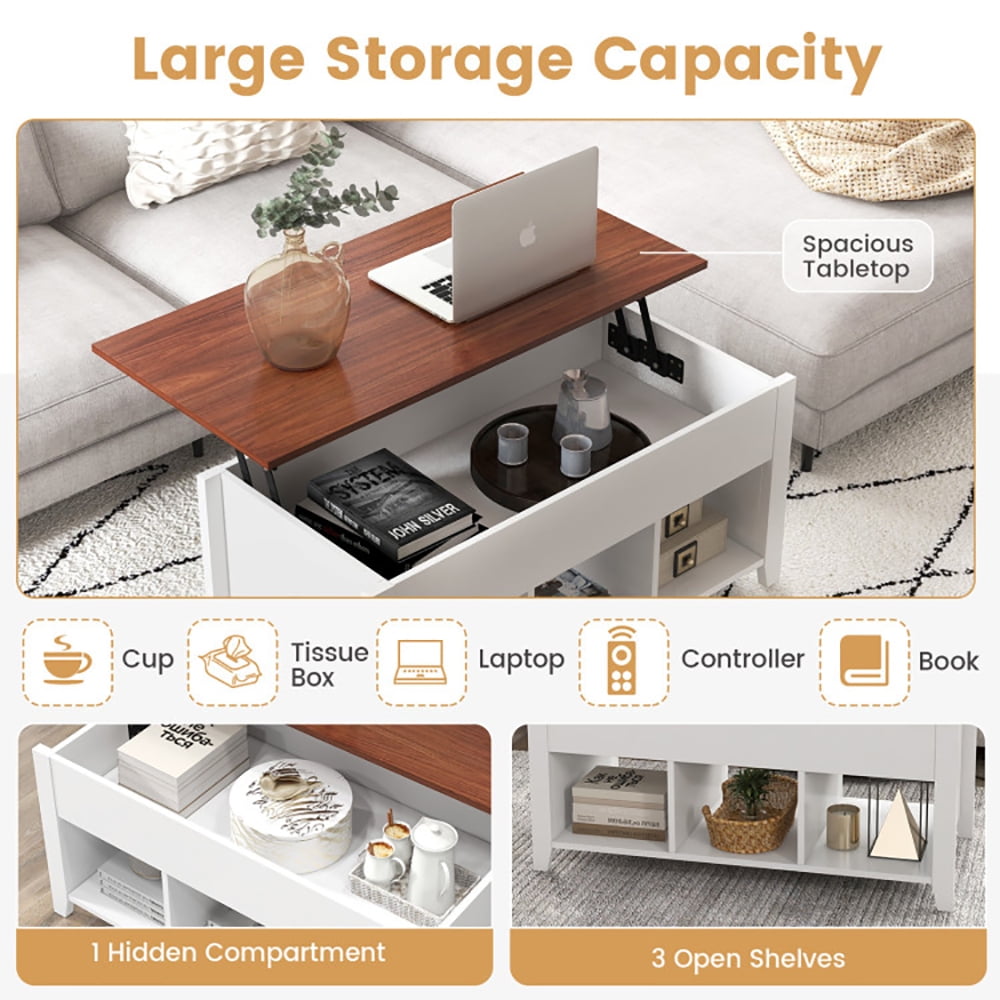 Finihen Lift Top Coffee Table, Lift Tabletop Dining Table, Lift Top Coffee Table with Hidden Storage Compartment, for Living Room, Office, White Finihen Lift Top Coffee Table, Lift Tabletop Dining Table, Lift Top Coffee Table with Hidden Storage Compartment, for Living Room, Office, White