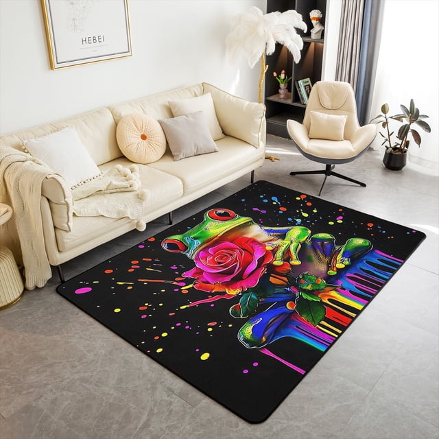 Frog Area Rug 3'x5'with Non Slip Rugs,Watercolor Rose Flowers Home Decor Office Area Rug,Exotic Jungle Animal Indoor Floor Mat for Playroom Bedside Office