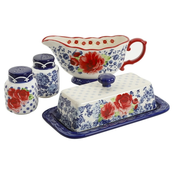 The Pioneer Woman Frontier Rose Butter Dish w/Lid, Gravy Boat and Salt & Pepper Set, 5 Piece Set