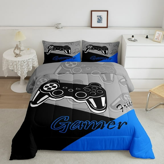 Gaming Comforter Teen Video Game Bedding Set Gamer Comforter for All Season Gamepad Home Decor for Comforter Set Queen Size,1 Comforter with 1 Pillowcase Blue Black Grey