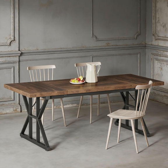 70.8" Farmhouse Wood Dining Table Kitchen Table for 6 People Rustic Dinner Table with Trestle Base for Dining Room Kitchen Living Room Brown & White