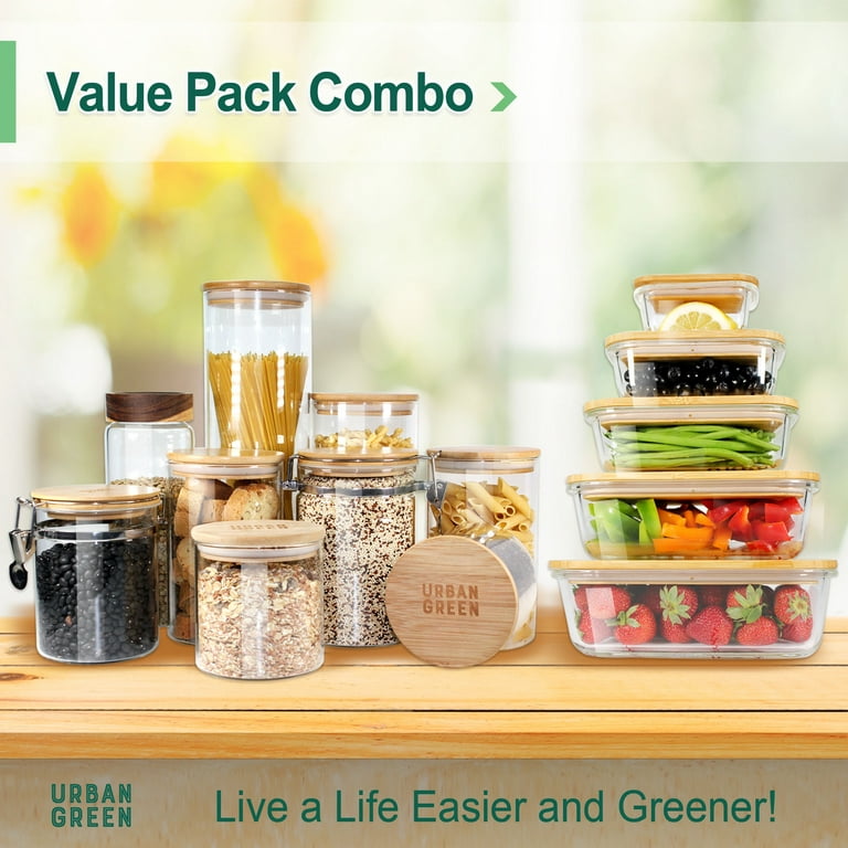 Urban Green Glass Jars with Bamboo Lids, Glass Airtight Canisters sets,  Glass Food Storage Container, Pantry Organization and Storage Jars, Kitchen