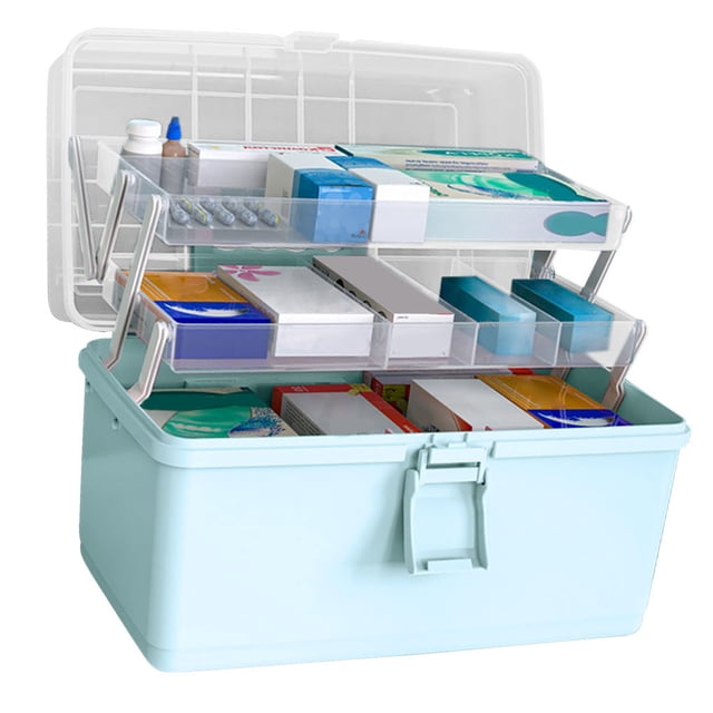 Injueey Caja de almacenamiento de pastillas Estuche de cosméticos para el hogar de gran capacidad de 3 capas Artículos diversos de plástico Almacenamiento y organización del hogar Azul claro aumentado