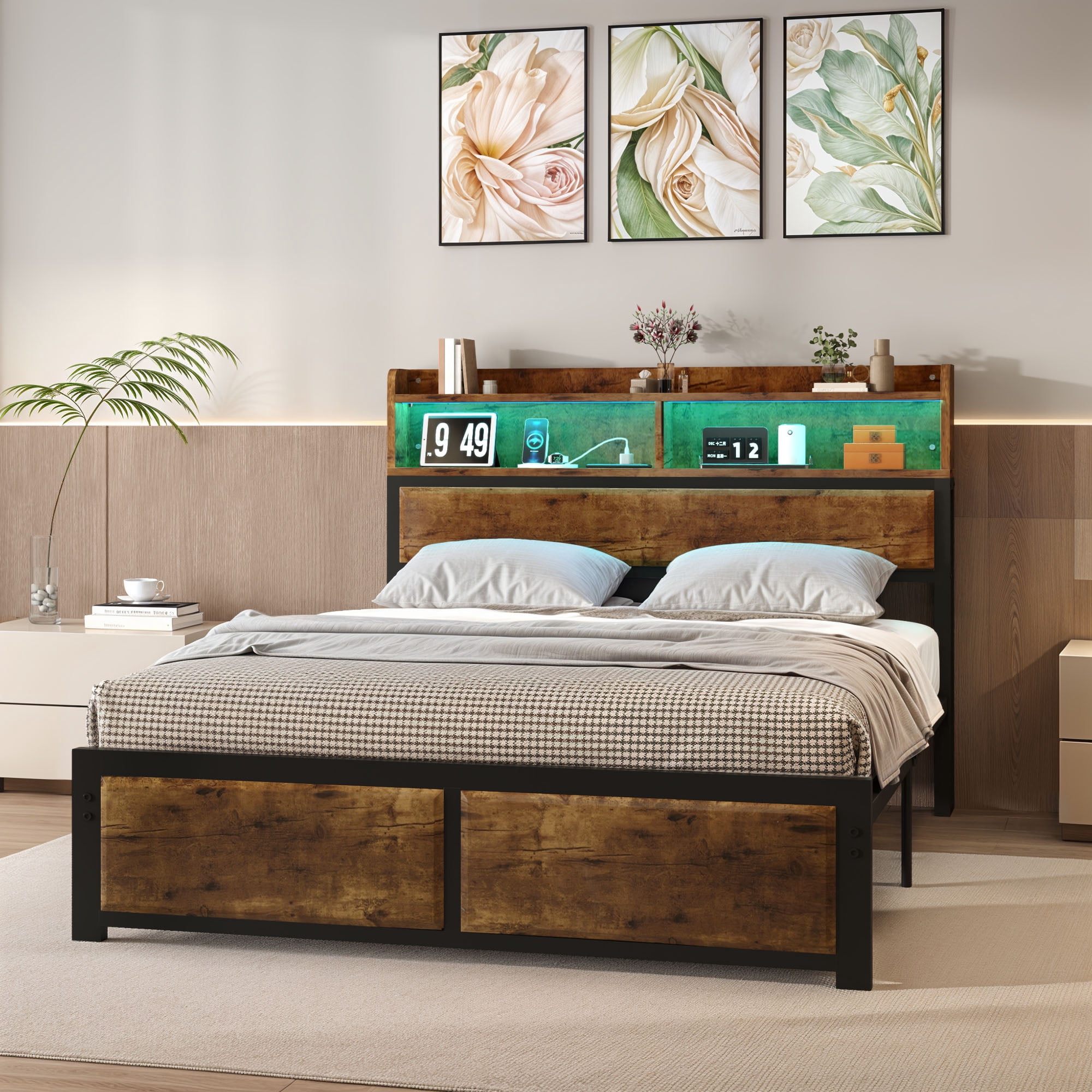 Uforic Full Size Bed Frame, LED Bed Frame with Storage Headboard, Platform Bed with Outlet & USB Ports, Easy Assembly, Rustic Brown