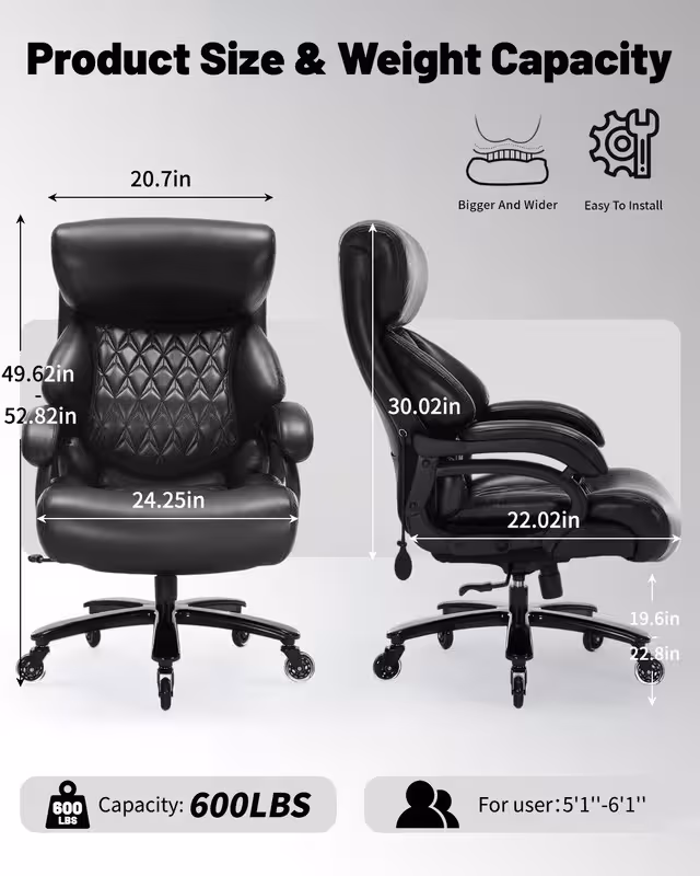 Qusaphy Big and Tall Office Chair, PU Leather Executive Chair, 600 lbs 8-Hour Heavy-Duty Design with Adjustable Lumbar Support, Suitable for Shag Carpets