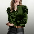 thumbnail image 2 of Velvet Mock Neck Shirts for Women Front Cutout Puff Long Sleeve Tops Vintage Solid Elegant Blouse Top Lightweight Slim-Fit Pullover Business Casual Outfits Fall Spring Clothes Green S, 2 of 8