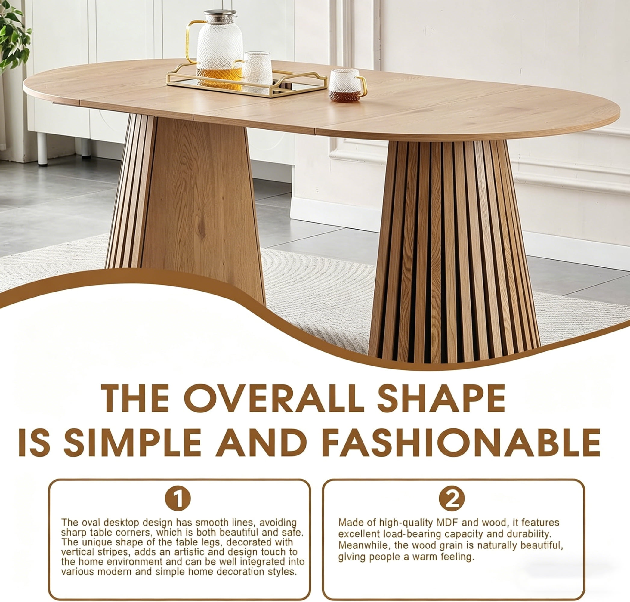 Wooden Dining Table, Flexible and Extendable, Multi-functional and Space-saving, Fashionable Oval Design and Slatted Table Legs, Tea Table or Office Desk, Beautiful and Practical