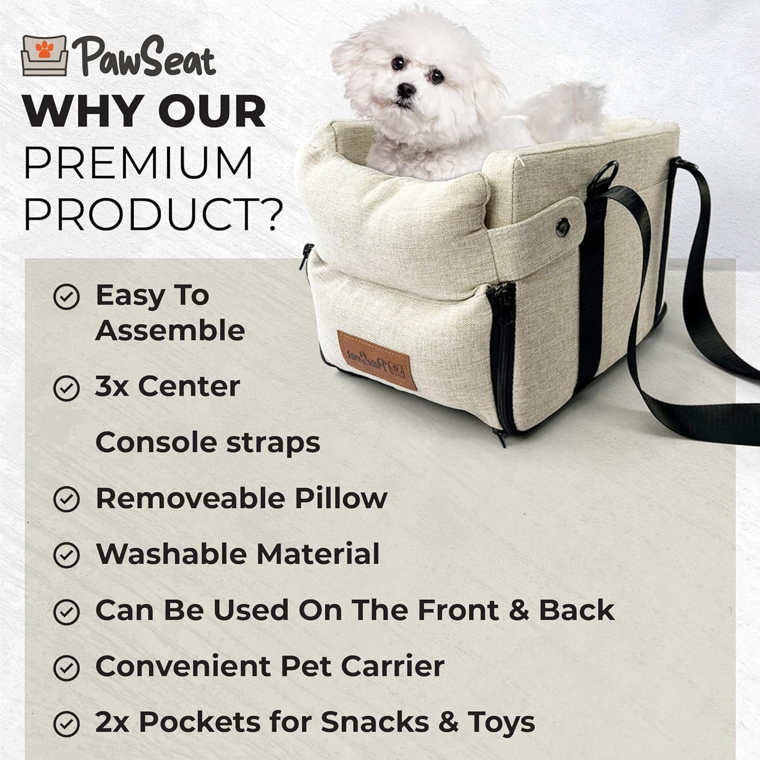 Center Console Dog Car  for Small Dogs 5-13Lbs with Safety Belt and Storage Pockets - Beige Woven