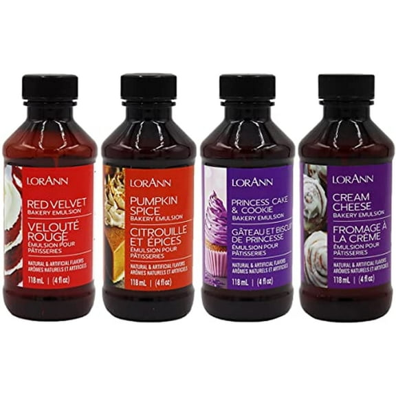 Lorann Oils Bakery Emulsion Flavoring Red Velvet, Princess Cake, Cream Cheese, Pumpkin, 4oz Bottle