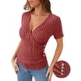 thumbnail image 2 of MOYIKO Ribbed Blouse for Women V Neck Summer Top Trendy Comfort Soft Short Sleeve Tee Burgundy Shirt L, 2 of 7