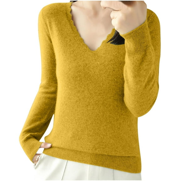 cfhntfmh Women's Fall Pullover Long Sleeve V Neck Casual Knitting Lightweight Soft Sweater Top Basic Undershirts Tee Slim Fit Baselayer（Yellow,X-Large)