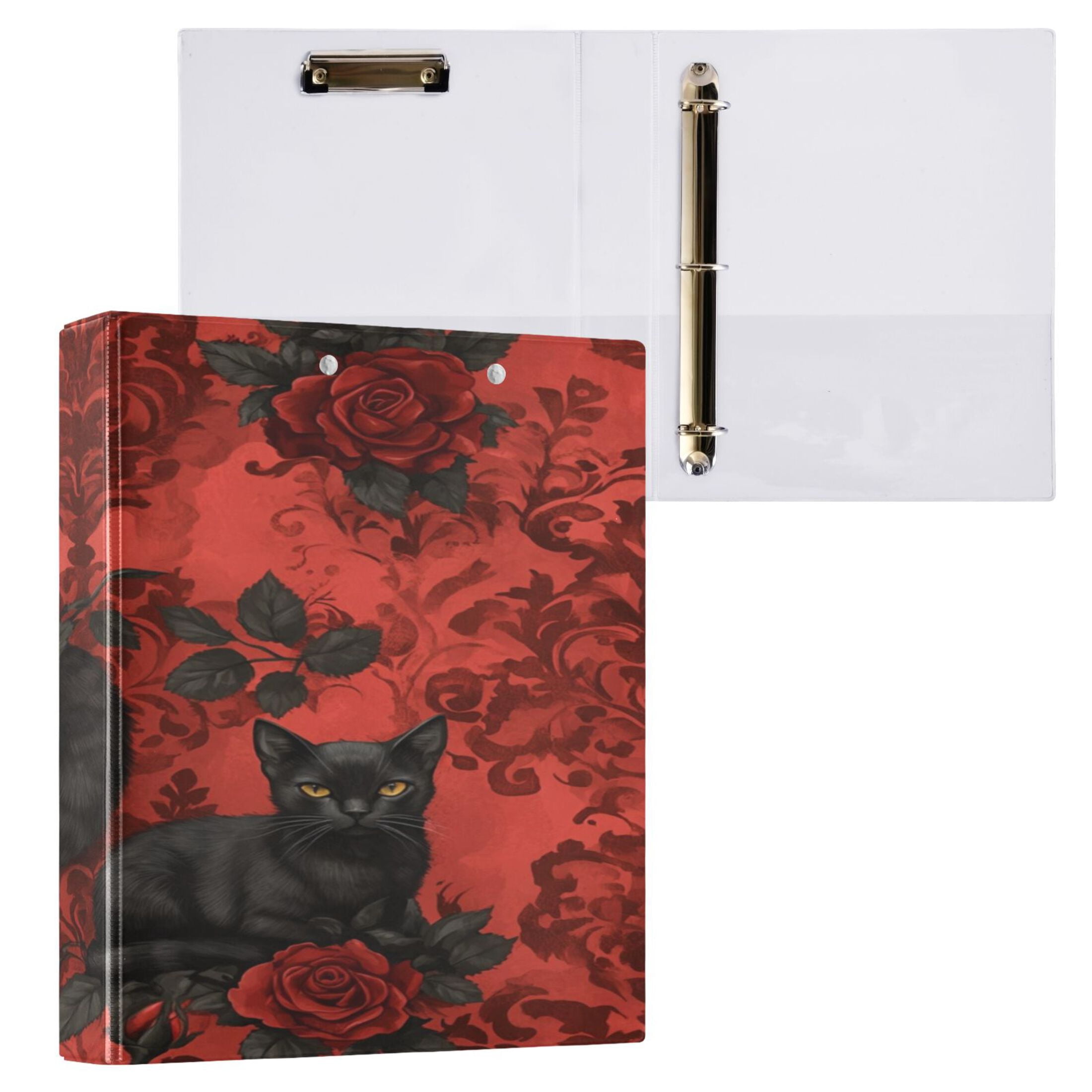 WOBOGO Gothic Roses Black Cats Pattern File Folders Extra Large Capacity to Hold 200 Sheets of Documents Hard Shell Ring Binder for School Home Office