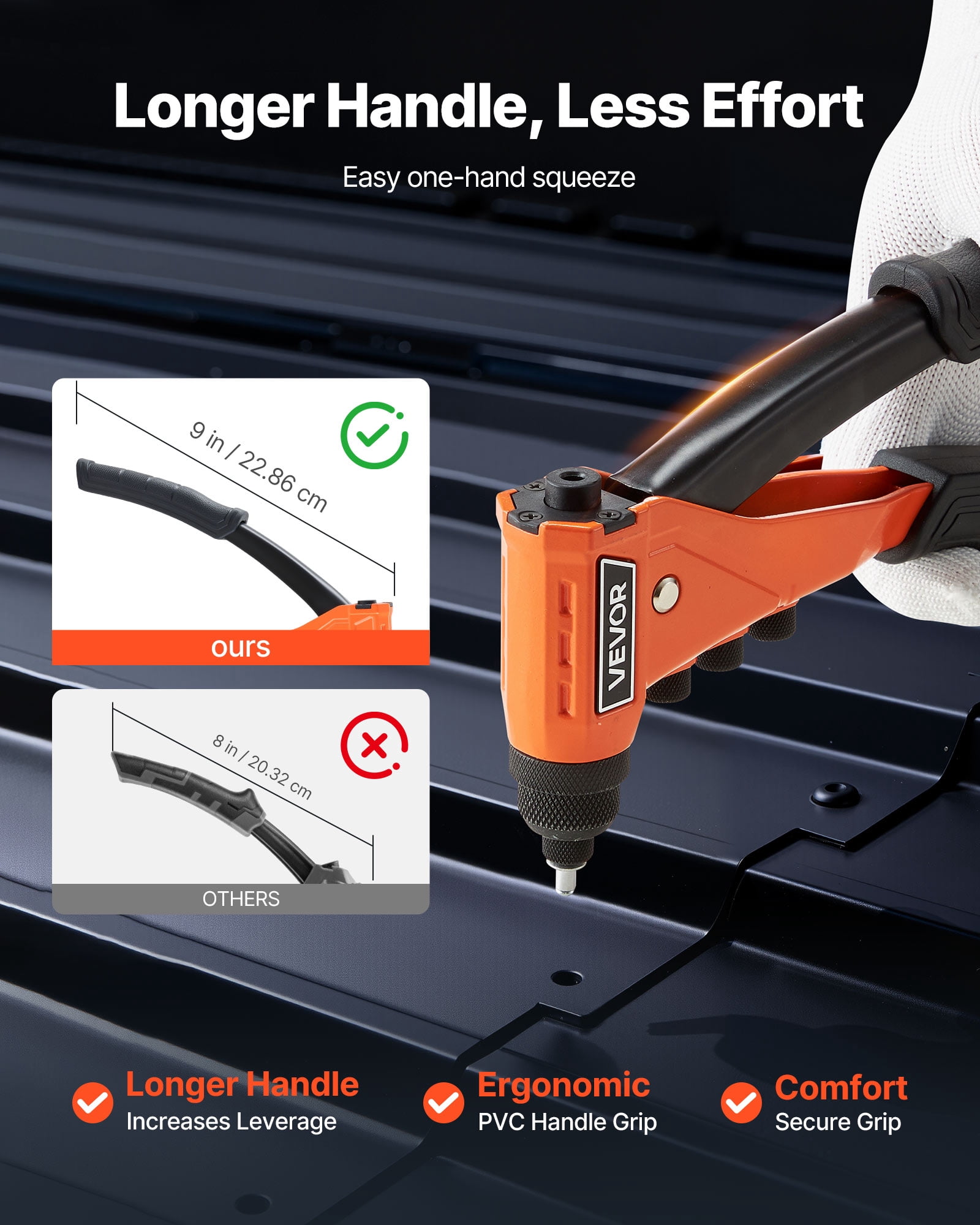 VEVOR Pop Rivet Gun Kit, with 200 Blind Rivets, Heavy Duty Single Hand Riveter with 4 Interchangeable Nosepieces, 4 Drill Bits, and a Carrying Case, Manual Riveting Tool for Metal, Automotive, Home