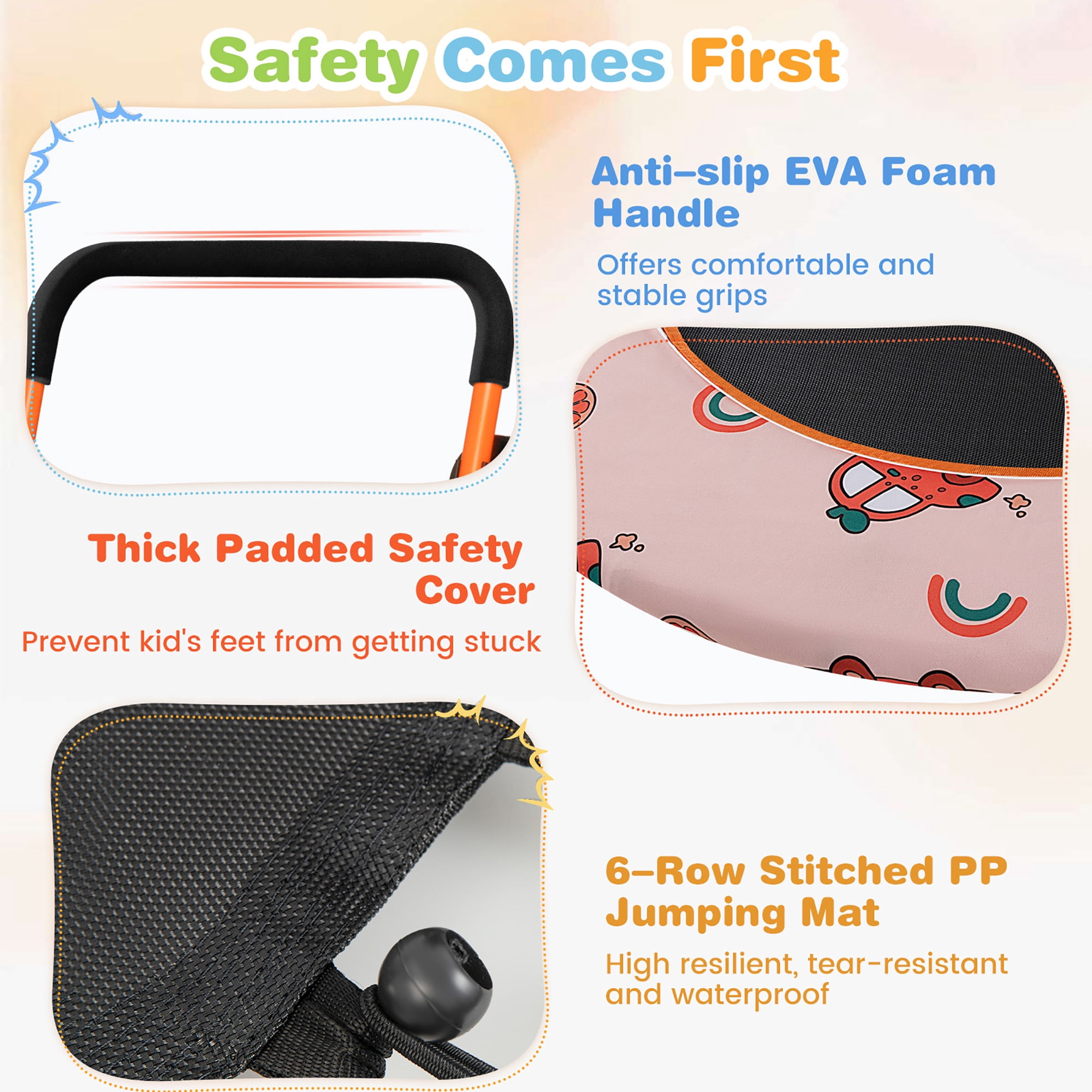 Gymax 36'' Mini Toddler Trampoline w/ LED Bluetooth Speaker Detachable Handle Kids Gifts Orange