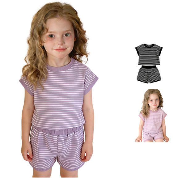 ZXLBBD Girls' Summer Striped Print Drop Shoulder Cropped T Shirt and Shorts Casual Sporty Outfit for Girl Toddler Kids Clothes Sets,Purple,Size 8 Y-9 Y