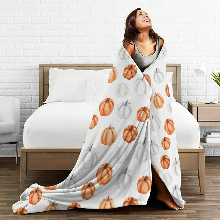 Fall Throw Blanket Autumn Pumpkin Blanket Thanksgiving Decor Soft Orange White Pumpkins Fleece Flannel Throws Cozy Plush Fall Decor Throw Blanket for