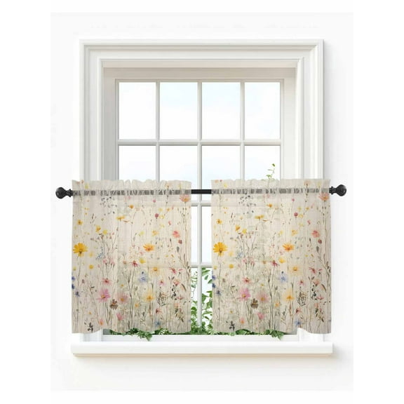 Wildflowers Blossom Tier Curtains 36 Inch Length,Sheer Curtains for Bedroom Living Room,Spring Rustic Retro Botanical Rod Pocket Voile Drapes Kitchen Curtains Small Half Window 27.5"x36" 2 Panels