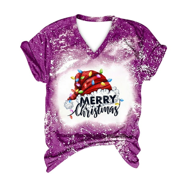 Camisas Navideñas Para Mujer Con Estampado Casual de Manga Corta Suelta Con Cuello en V Odeerbi ODB202569