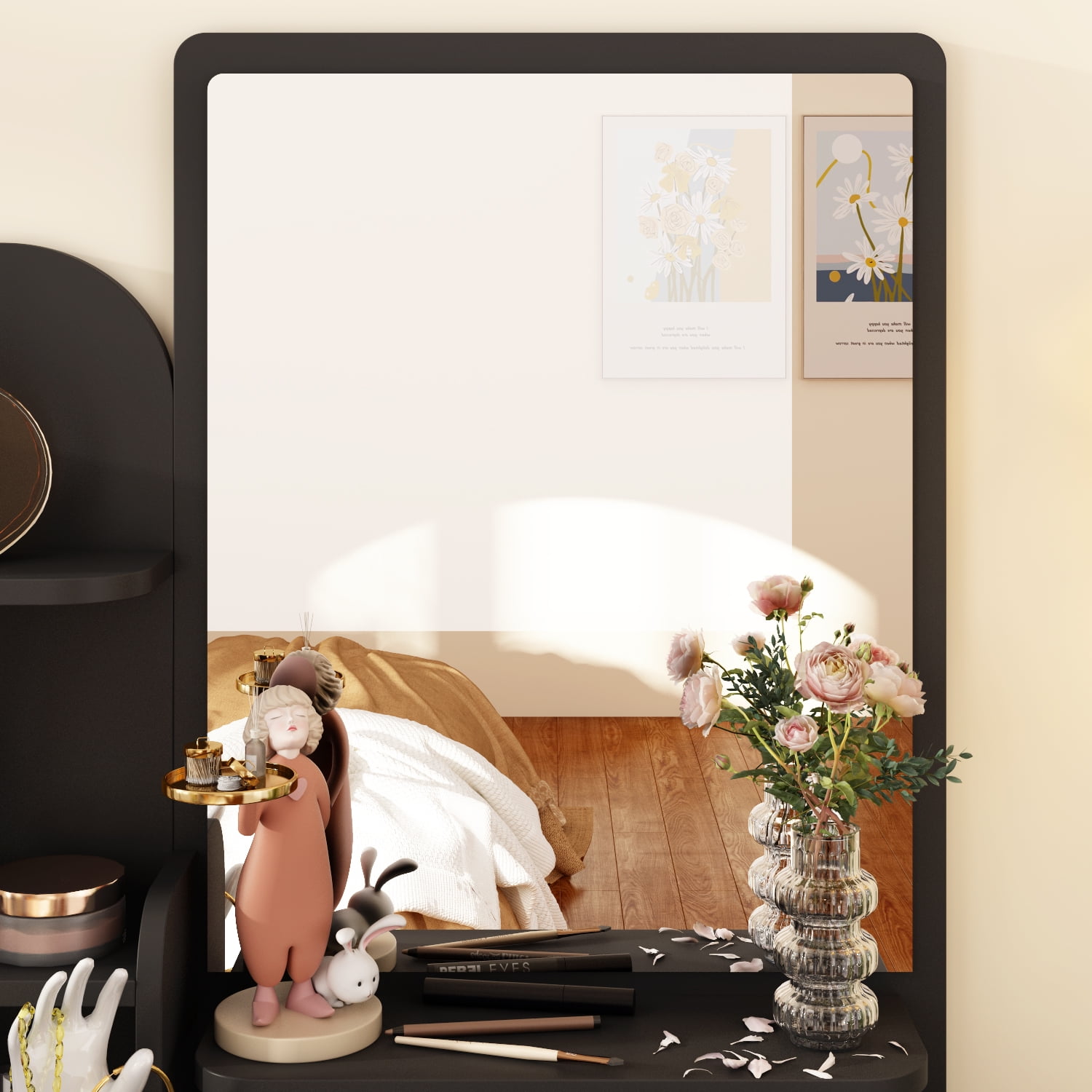 MONSLIPA Vanity Set with Mirror, Makeup Dresse Table with 5 Drawers and Open Shelves, Cushioned Stool ( Black )