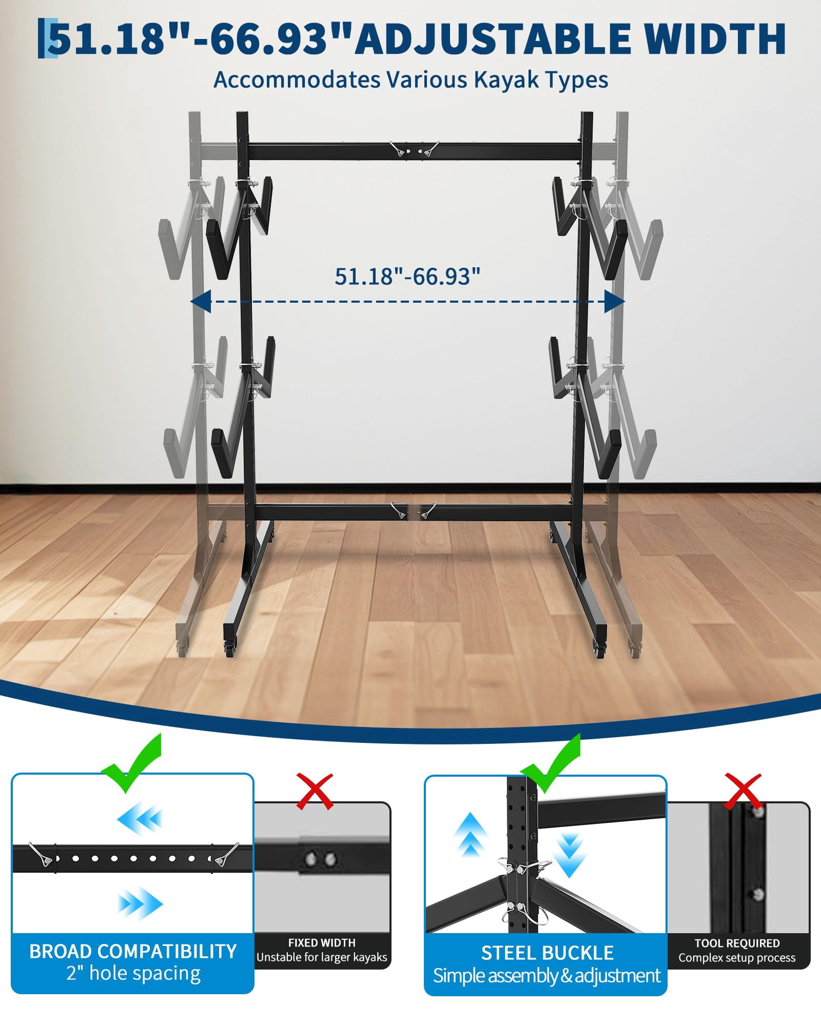 2-Tier Freestanding Kayak Storage Rack -Storage Rack for Kayaks or Canoes - Premium Kayak Stand for Outdoor and Indoor - Heavy Duty Kayak Holder