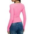 thumbnail image 5 of Women'S Solid Color Long Sleeve U-Neck Ribbed Knitted Casual Top Slim Fit Basic Shirt Pink M, 5 of 6