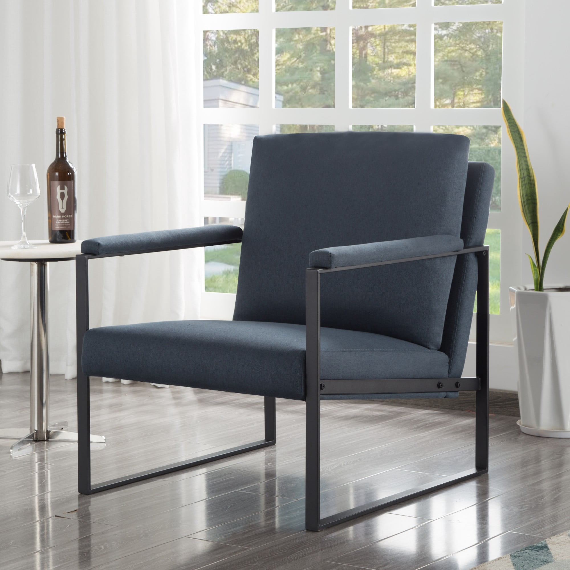 Gewnee Dark Blue 26.8” Metal Frame Accent Armchair, Linen Blend Upholstery with Removable Cushion for Home Office Study