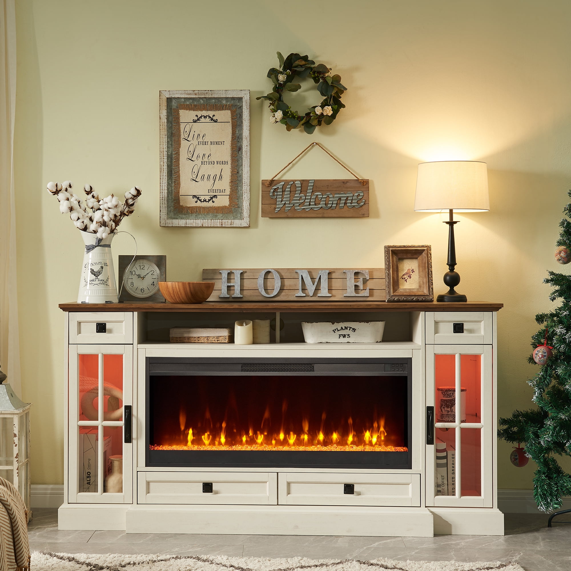 Antique white electric fireplace tv stand discount