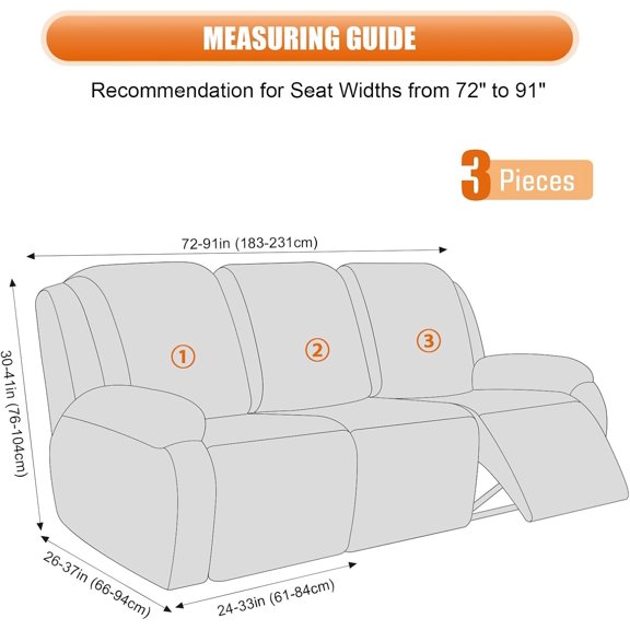 Recliner Cover, 3-Pieces Stretch Reclining Couch Covers with Pockets Reclining Sofa Slipcovers 3 Seater Soft Washable Furniture Protector for Dogs Cats