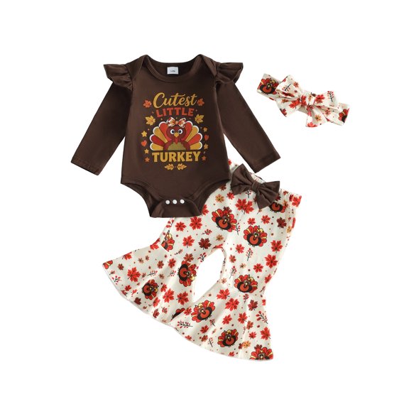 RUINIXCW Baby Girl Thanksgiving Outfit Print Long Sleeve Romper Flare Pants Headband