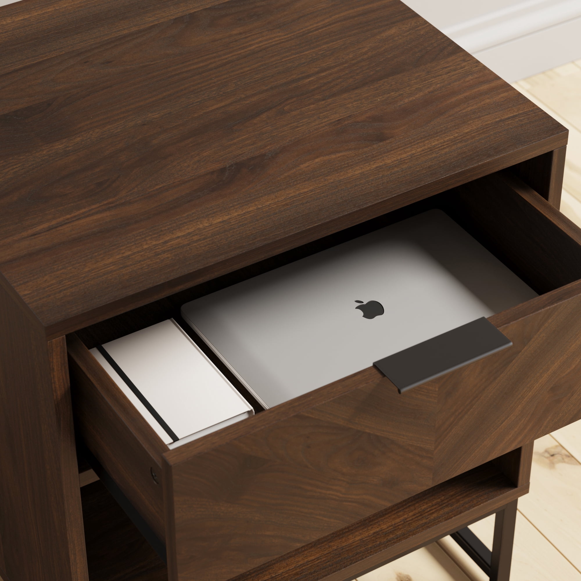 Nathan James Kensi Walnut Rustic Nightstand Black Matte Metal Base with Open Cubby for Storage and Drawer