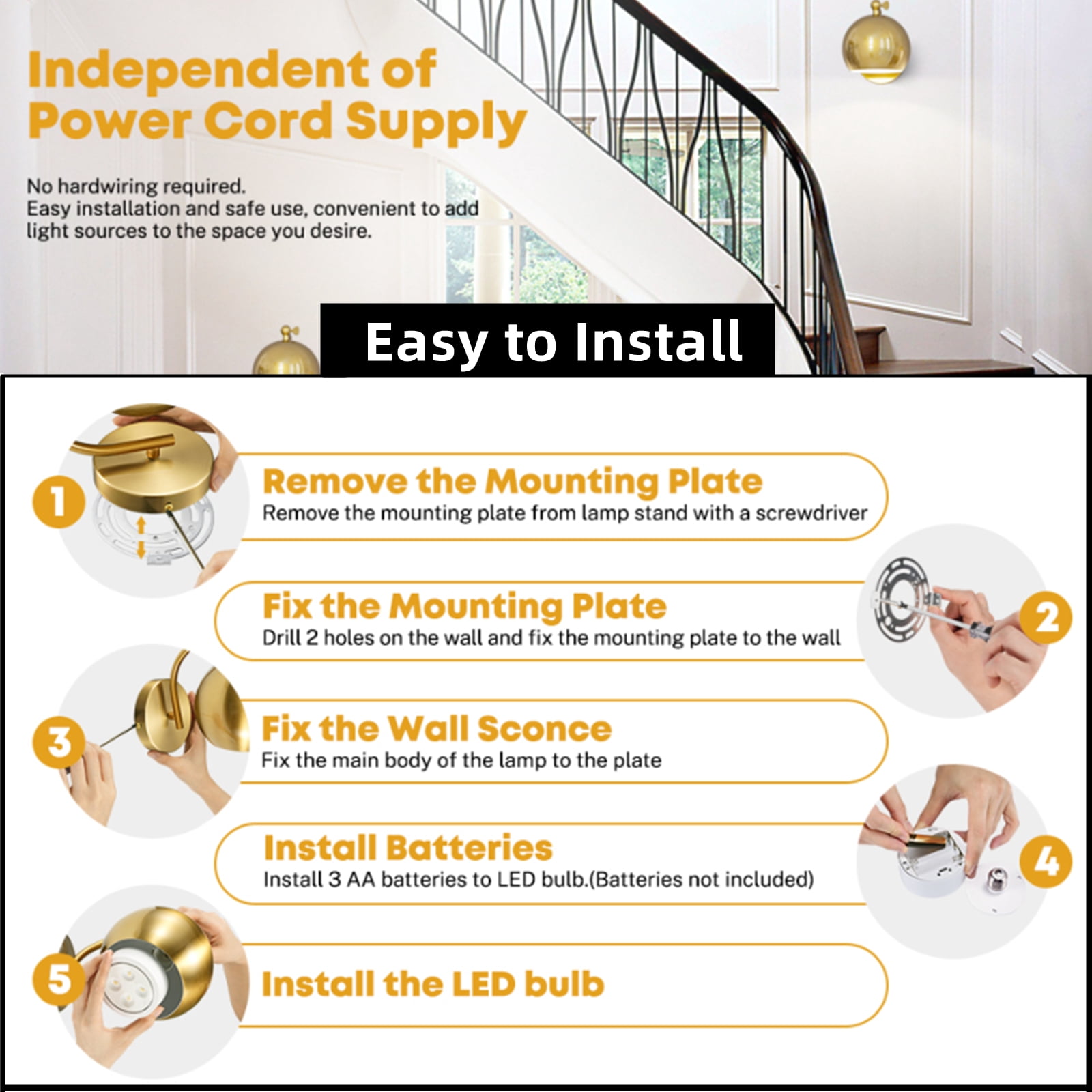 PatioGem Modern Dimmable 2-Light LED Gold Cafeteria, Bedroom Battery Operated Wall Sconces (2 Count)