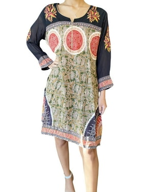 Mogul Women Cotton Tunic Dress Printed Long Sleeves Ethnic Kurti Boho Dresses M