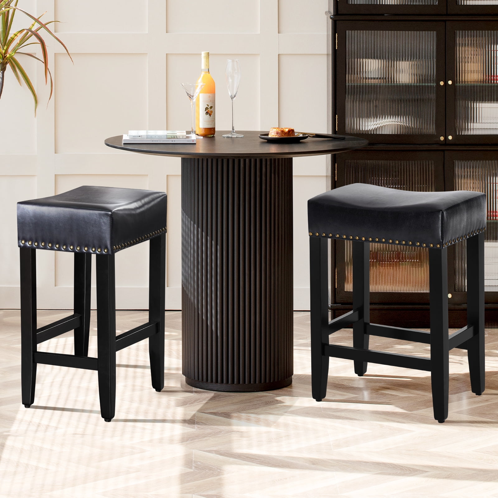 Furniliving 26" Backless Counter Stool Set of 4, Counter Height Bar Stools PU Saddle Stool, Black