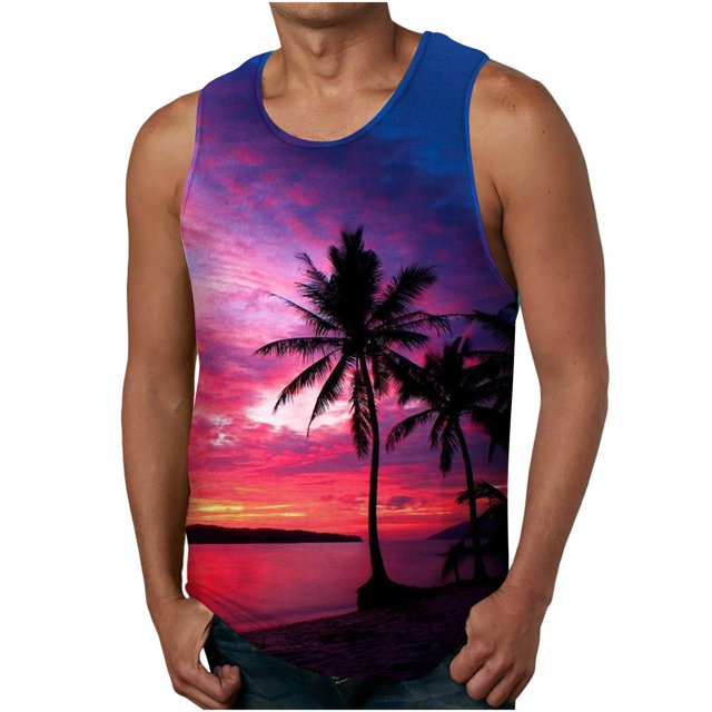 LSLJS Mens Beach Tank Top Summer Sunset 3D Graphic Print Quick Dry Sleeveless Tee Shirt Gym Workout Tanks