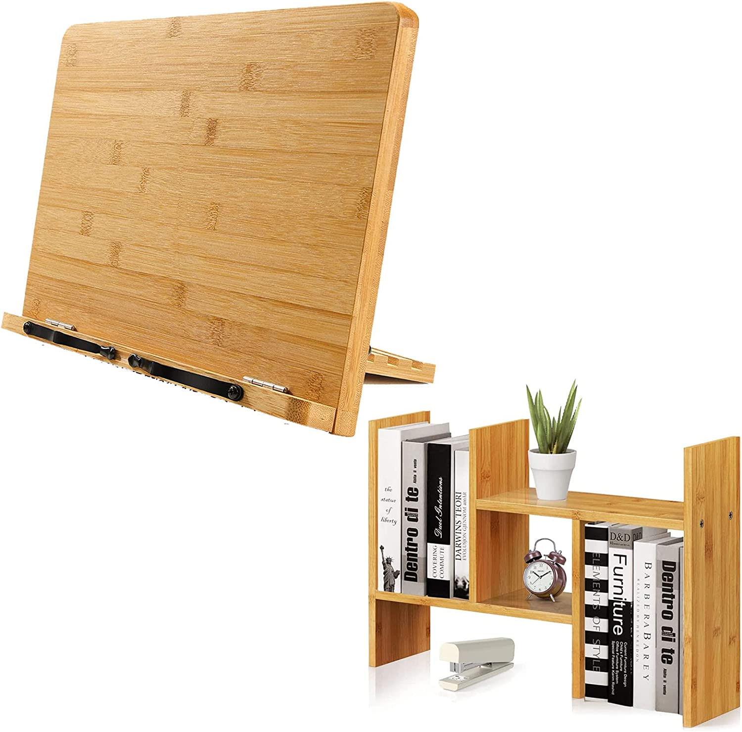 QWZNDZGR Bamboo Book Stand & Bamboo Desktop Shelf Organizer