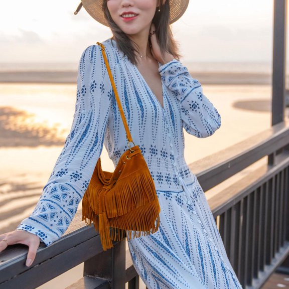 Retro Tassel Shoulder Bag for Women, Brown Bucket Crossbody Tote Handbag, Stylish Ladies Purse