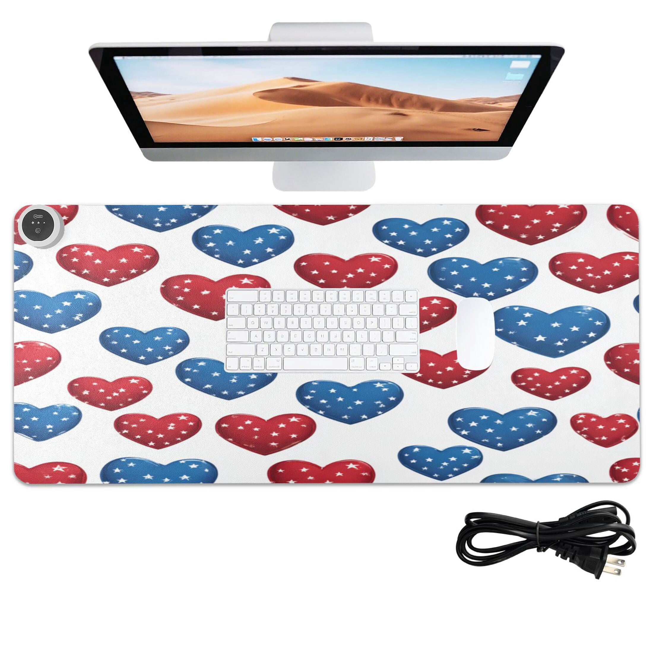 Large Heated Desk Mat Mouse Pad 31.5"x13"PU Leather Graphene Heating Desk Warmer with 3 Temperature Settings 110V US Plug Non-Slip Warm Pad for Home, Office, and Gaming Patriotic Star Hearts Print