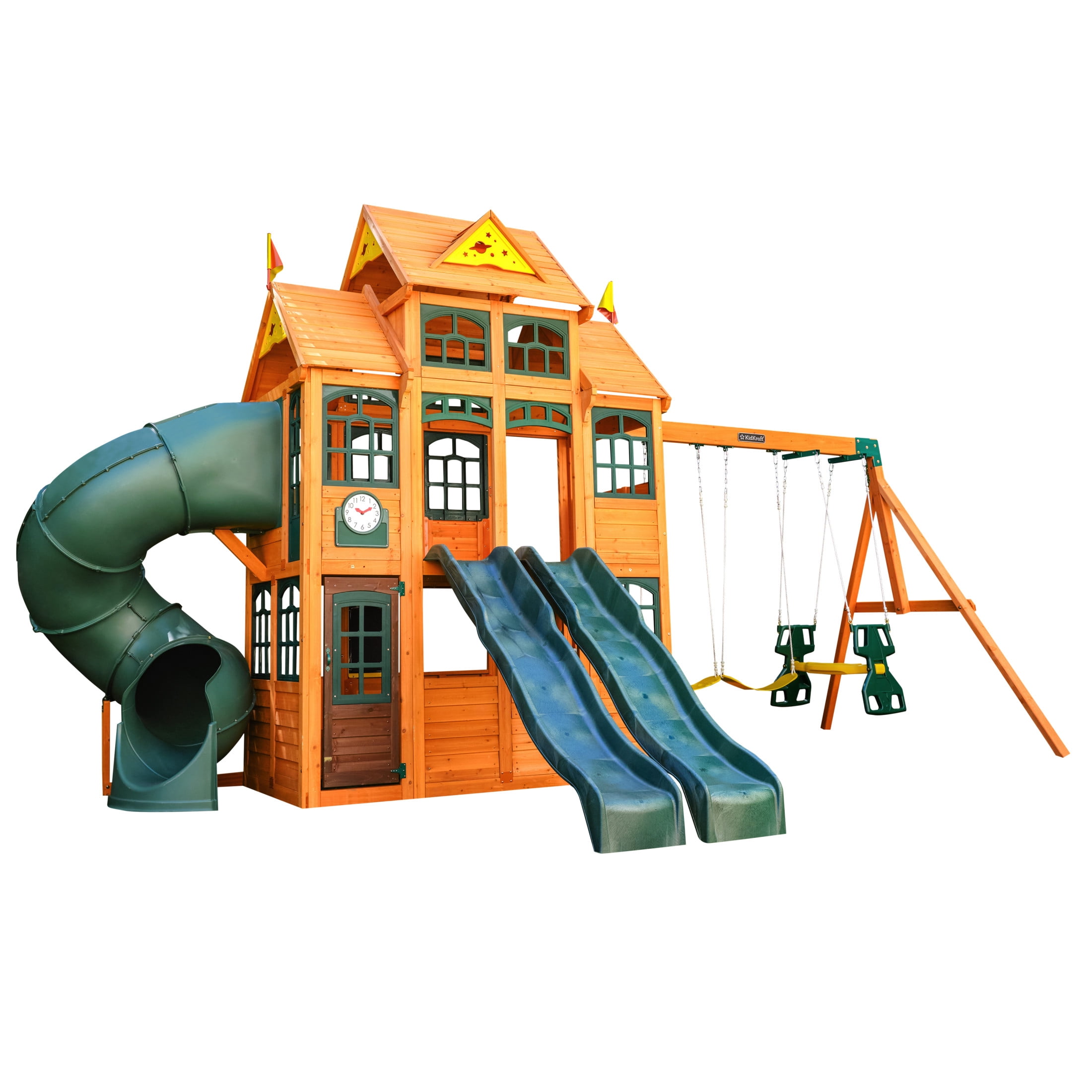 KidKraft Falcon Ridge Wooden Swing Set / Playset with Kitchen, Slides and Glider