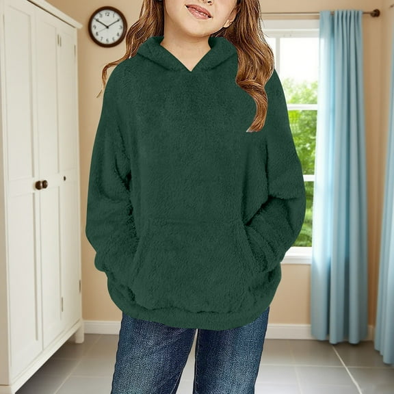 JUSLIO Girls Sweatshirts,Fleece Long Sleeve Hooded Sweatshirt Jacket,Kangaroo Pocket Hoodies Fall Winter Solid Color Outerwear,Army Green 4 Years