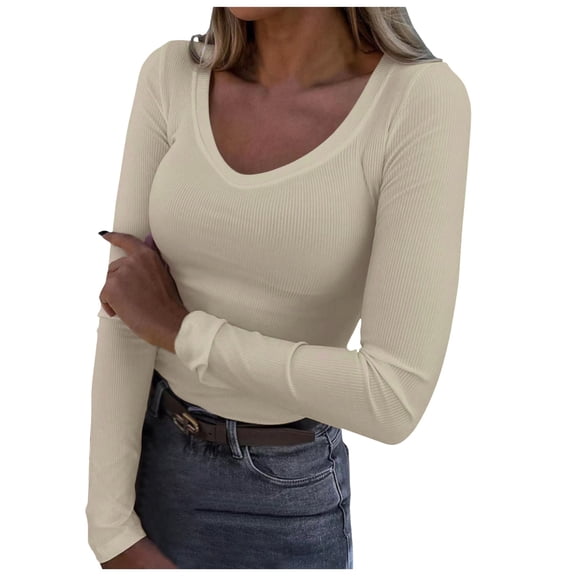 JIAYUE Women's T-Shirts Long Sleeve Solid Color V Neck Slim Fit Basic Casual Ribbed Thermal Under Tee Classic Female Tops