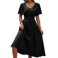 thumbnail image 3 of Women Casual Midi Maxi Dresses Polka Dot Print Short Sleeve V Neck Elastic Waist Boho Beach Dress Black XL, 3 of 9